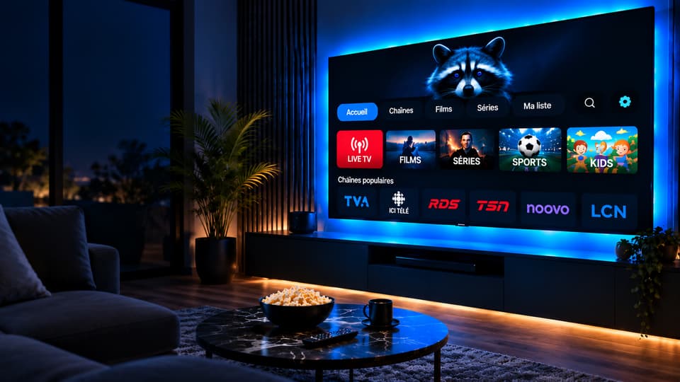 Un grand téléviseur affiche l’accueil TVpaschère : TVA, ICI Télé, RDS, TSN, noovo et LCN.